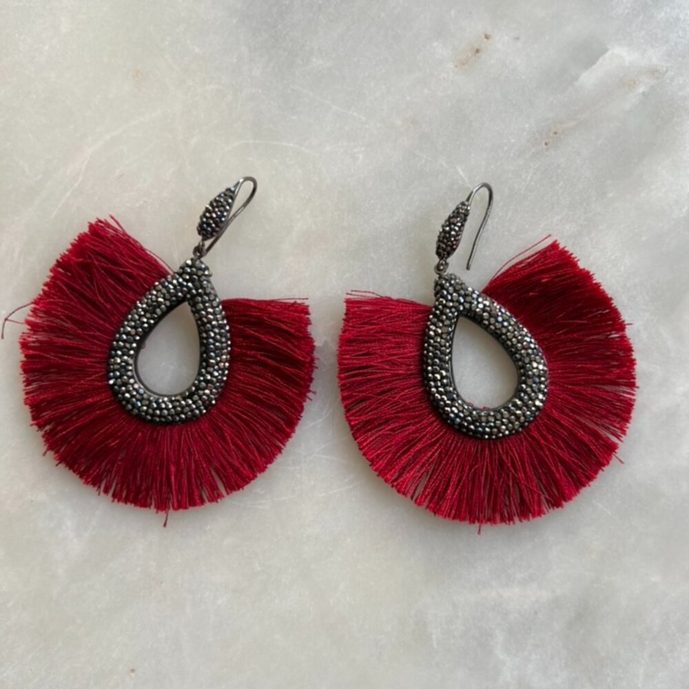 Red Fringe + Gemstone Statement Earrings